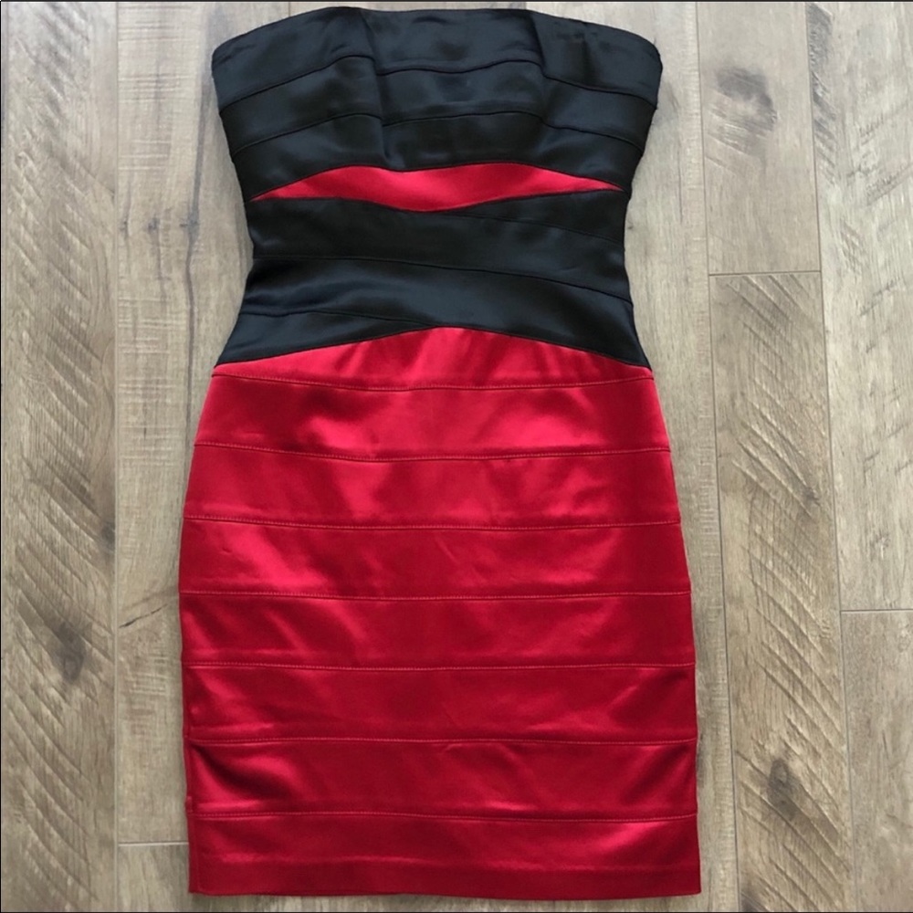 EUC bebe Black and Red Strapless Satin Dress Small